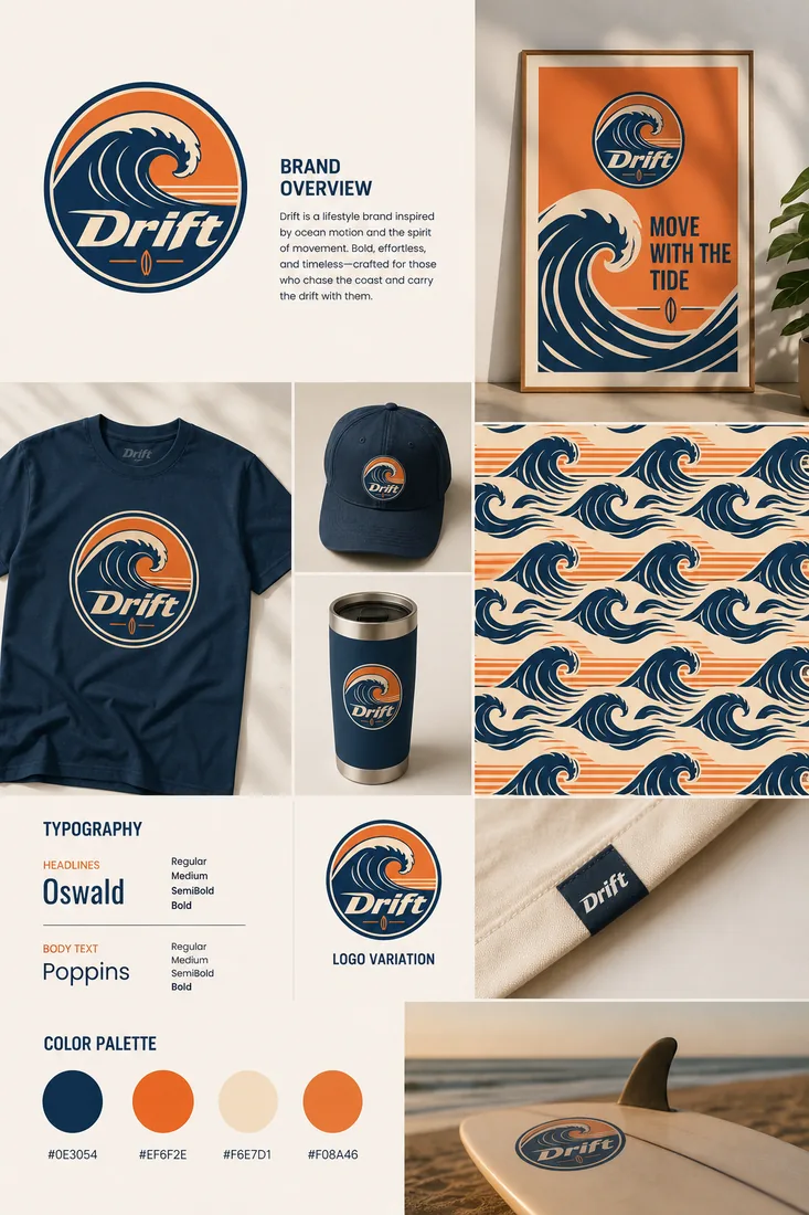 Drift brand board with palette, typography and mockups