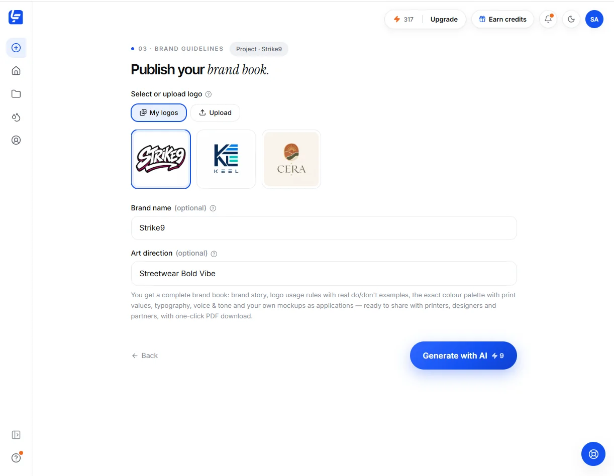 Logofai brand guidelines creation screen with logo selection, brand name and art direction