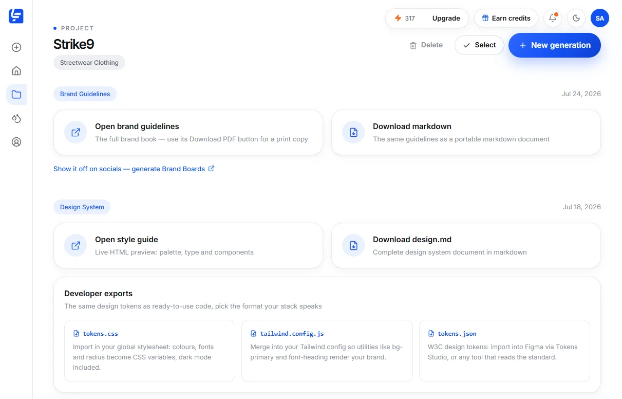 Logofai project screen with the brand guidelines, markdown download and design system