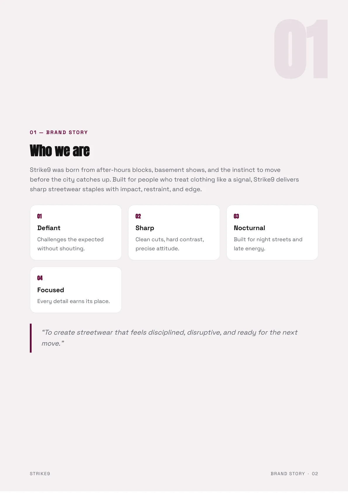 Strike9 brand guidelines brand story page generated by Logofai