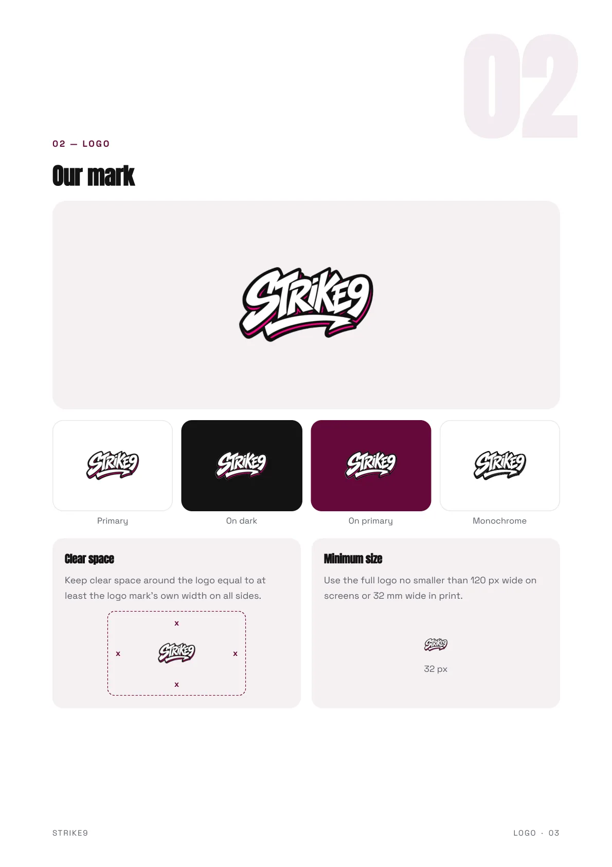 Strike9 brand guidelines logo page generated by Logofai