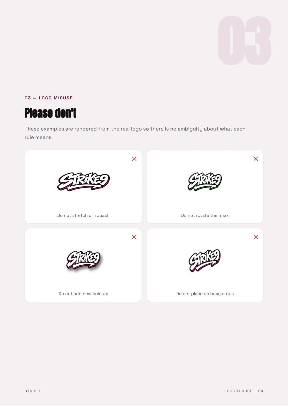 Strike9 brand guidelines logo misuse page generated by Logofai