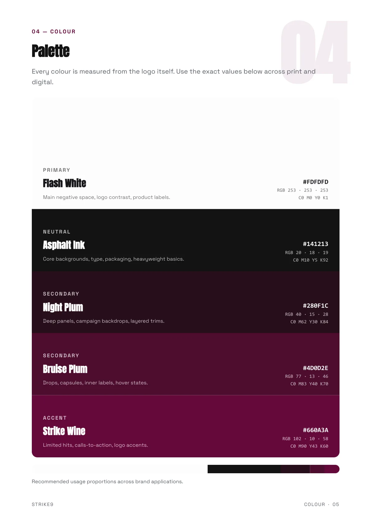 Strike9 brand guidelines color page with HEX, RGB and CMYK values
