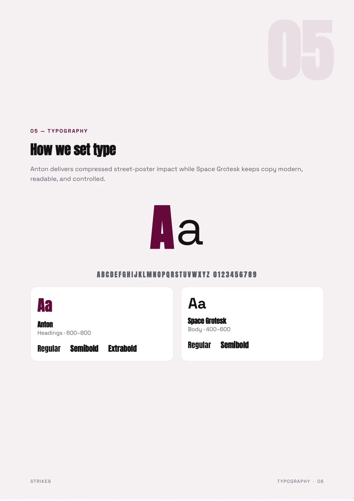 Strike9 brand guidelines typography page generated by Logofai