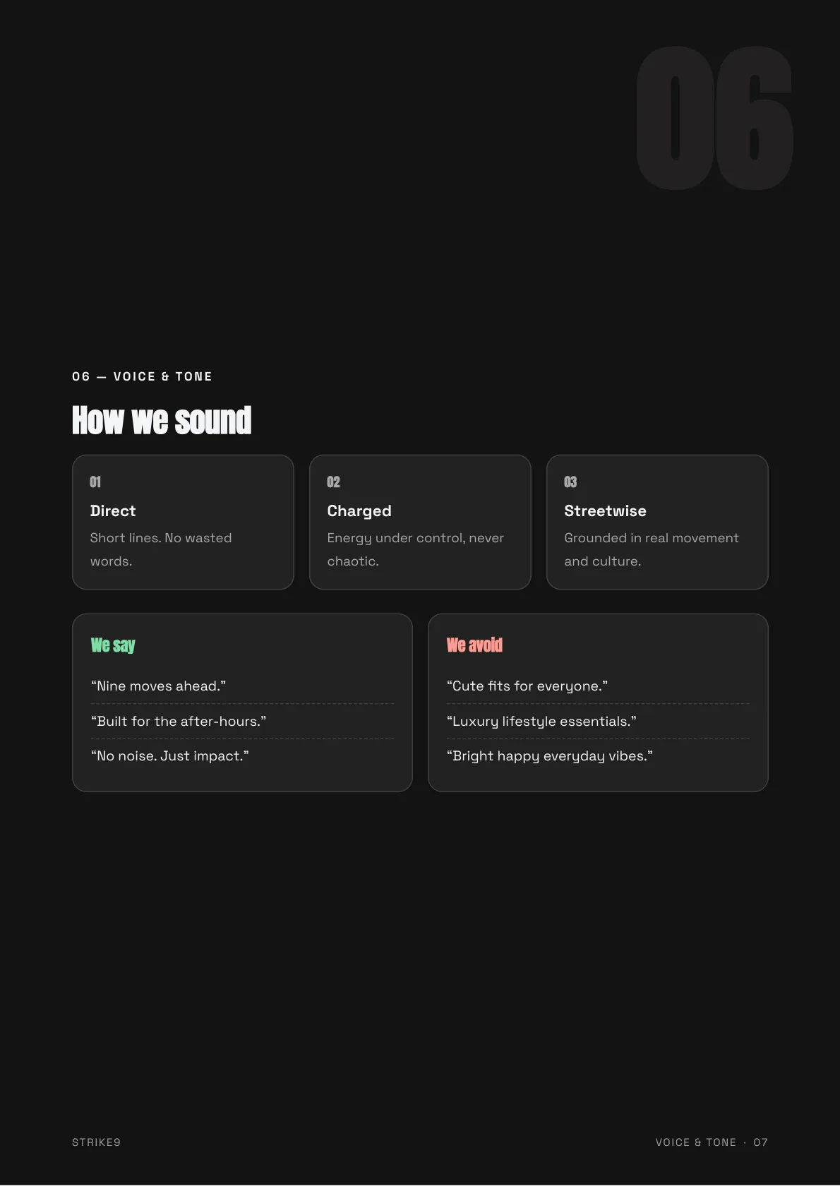 Strike9 brand guidelines voice & tone page generated by Logofai