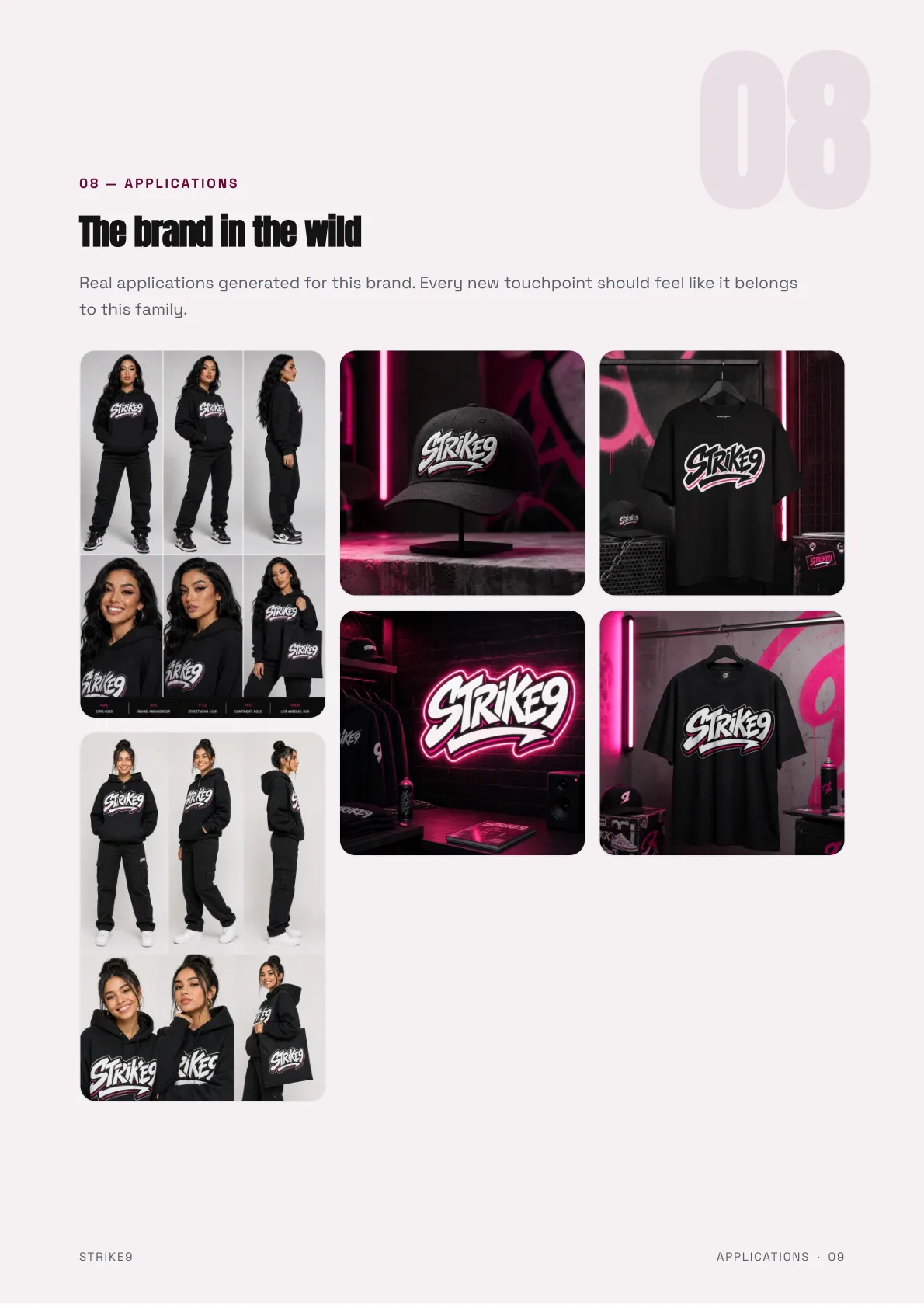 Strike9 brand guidelines applications page generated by Logofai