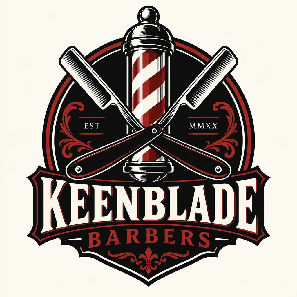 Keenblade Barbers logo, generated from the prompt above