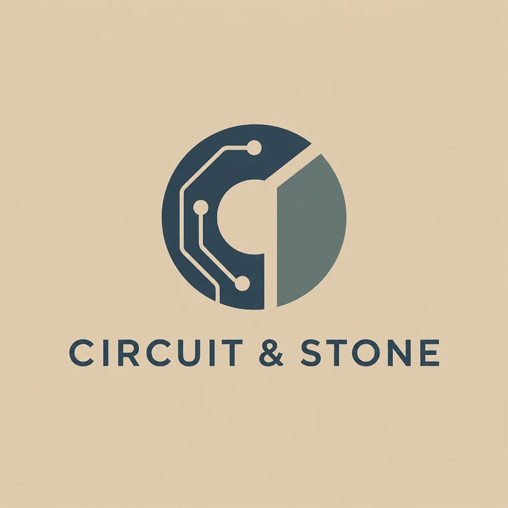 Circuit & Stone, a geometric style logo generated with Logofai
