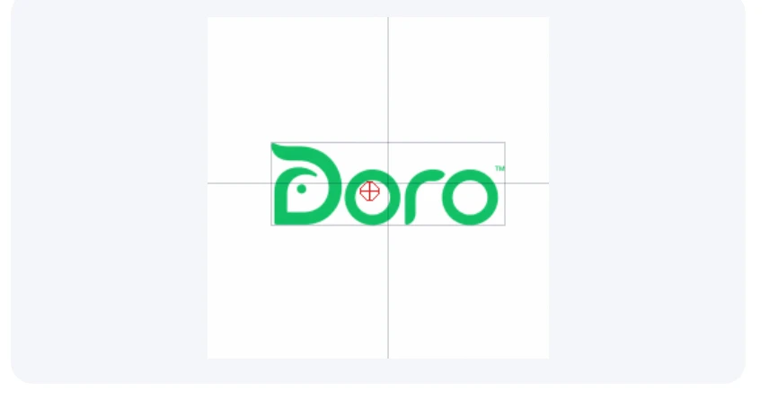 The balance overlay from a logo review: the visual centre of mass marked in red against the artwork's true centre in grey