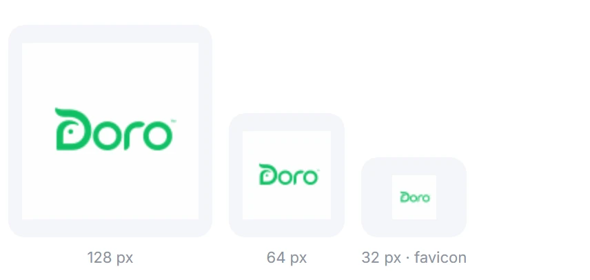 The size ladder from a logo review: the same wordmark rendered at 128, 64 and 32 pixels, showing how much detail survives at favicon size