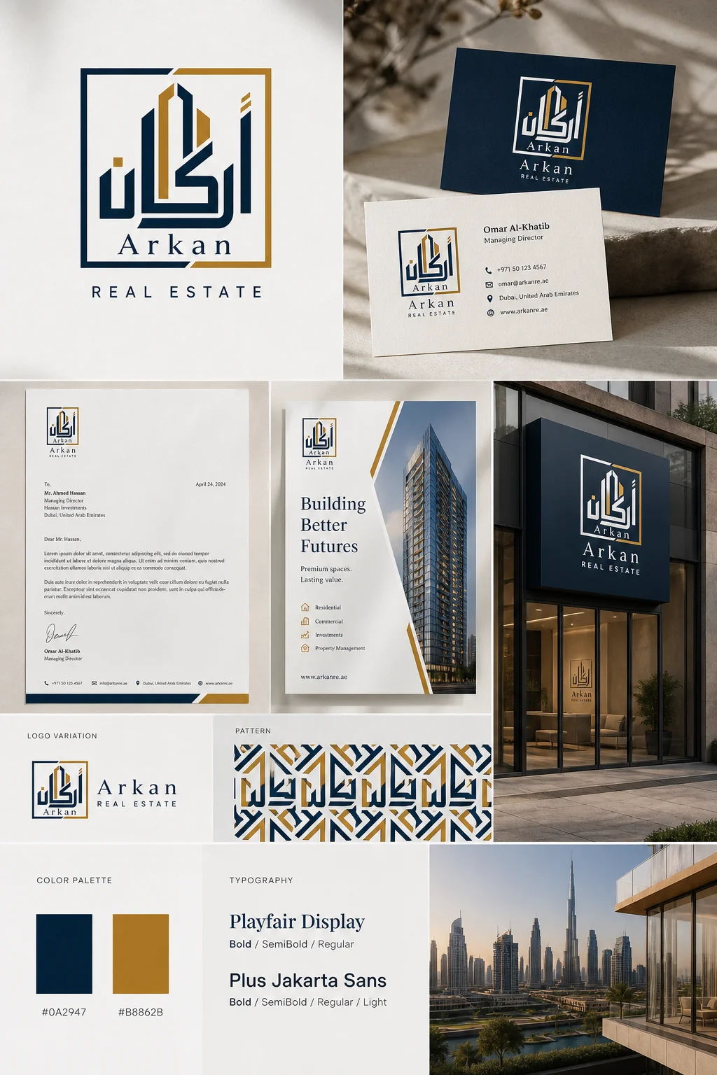 Arkan brand kit board generated with Logofai