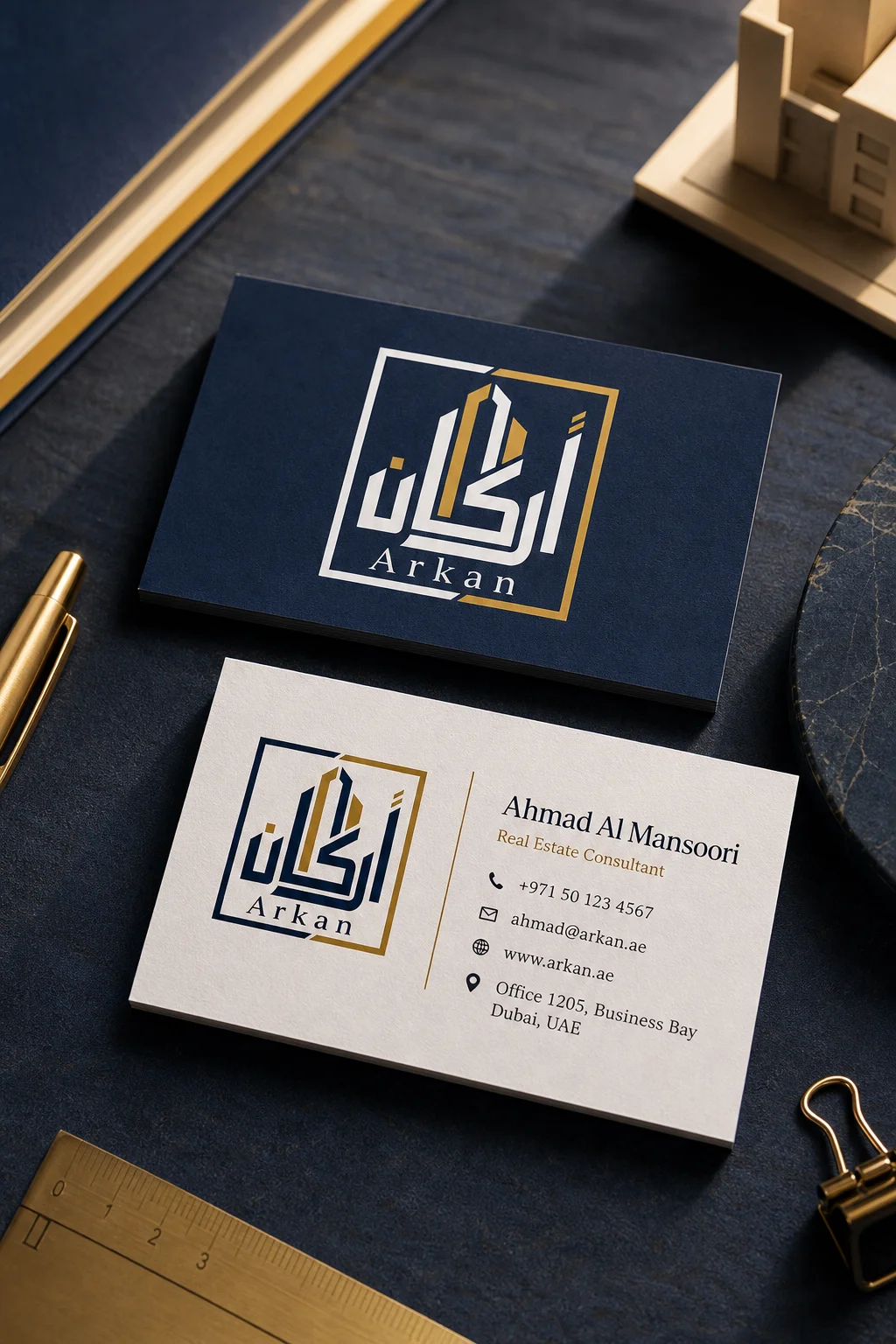 Arkan business cards mockup generated with Logofai