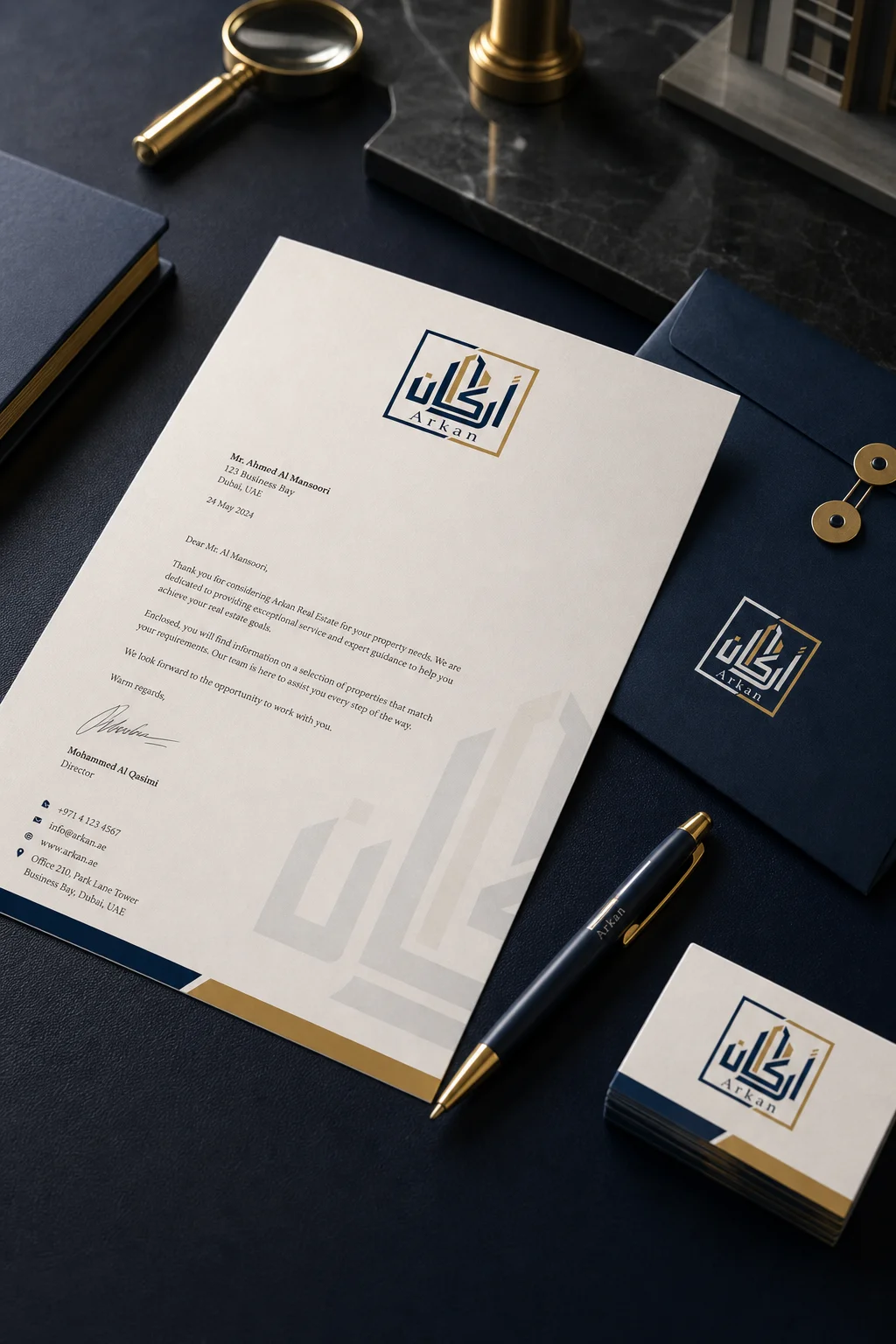 Arkan letterhead mockup generated with Logofai