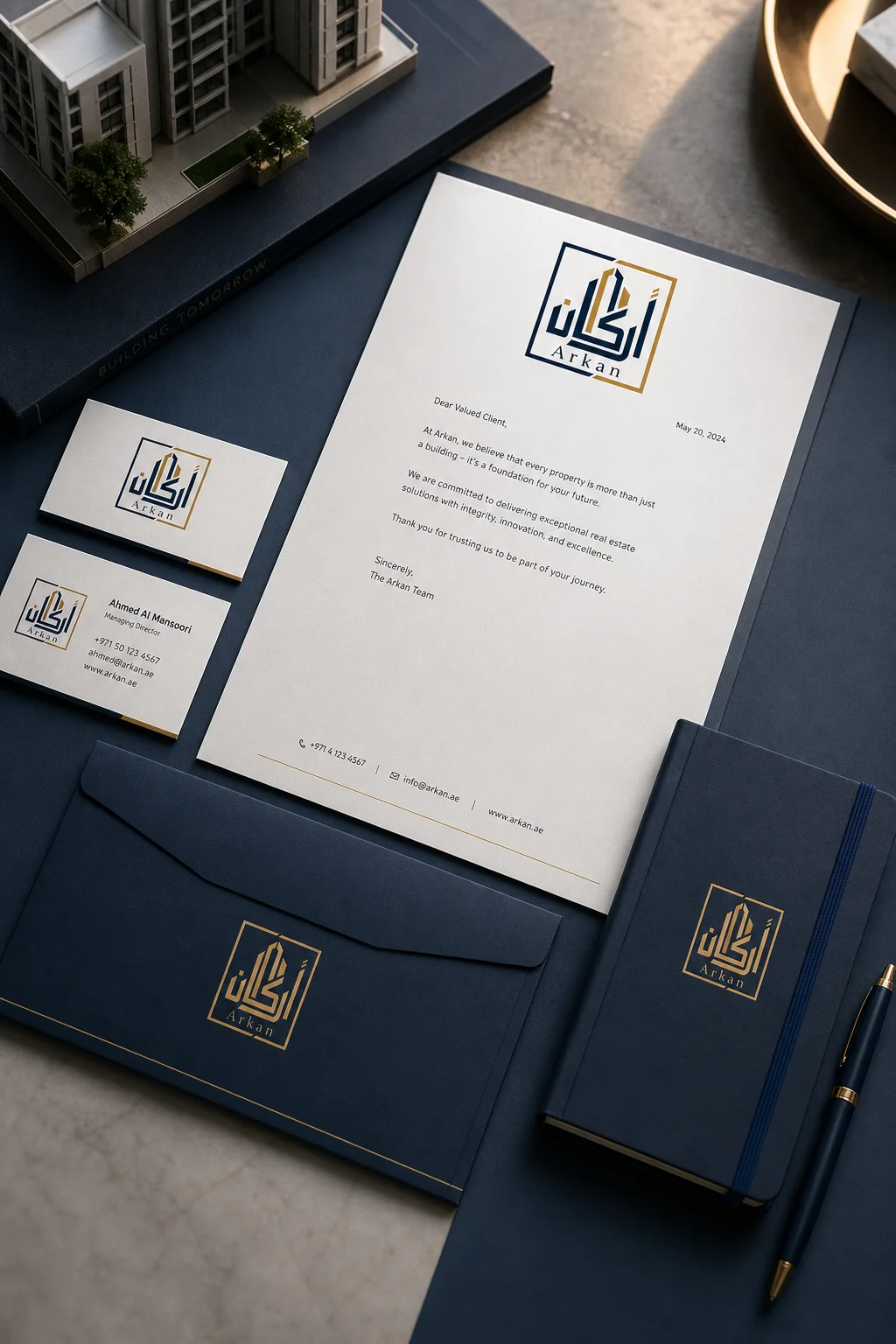 Arkan stationery set mockup generated with Logofai