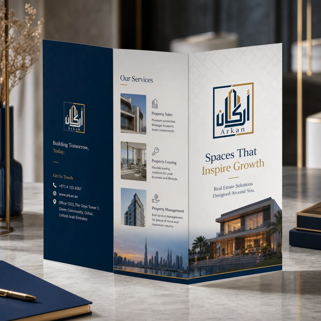 Arkan tri-fold brochure mockup generated with Logofai