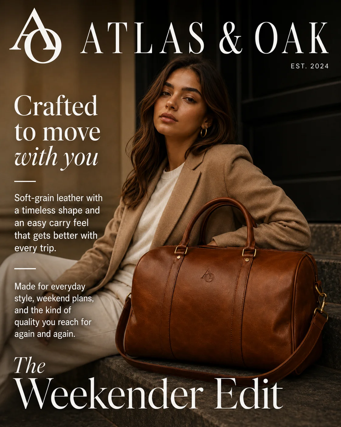 Atlas & Oak Weekender editorial lifestyle photo generated by Logofai