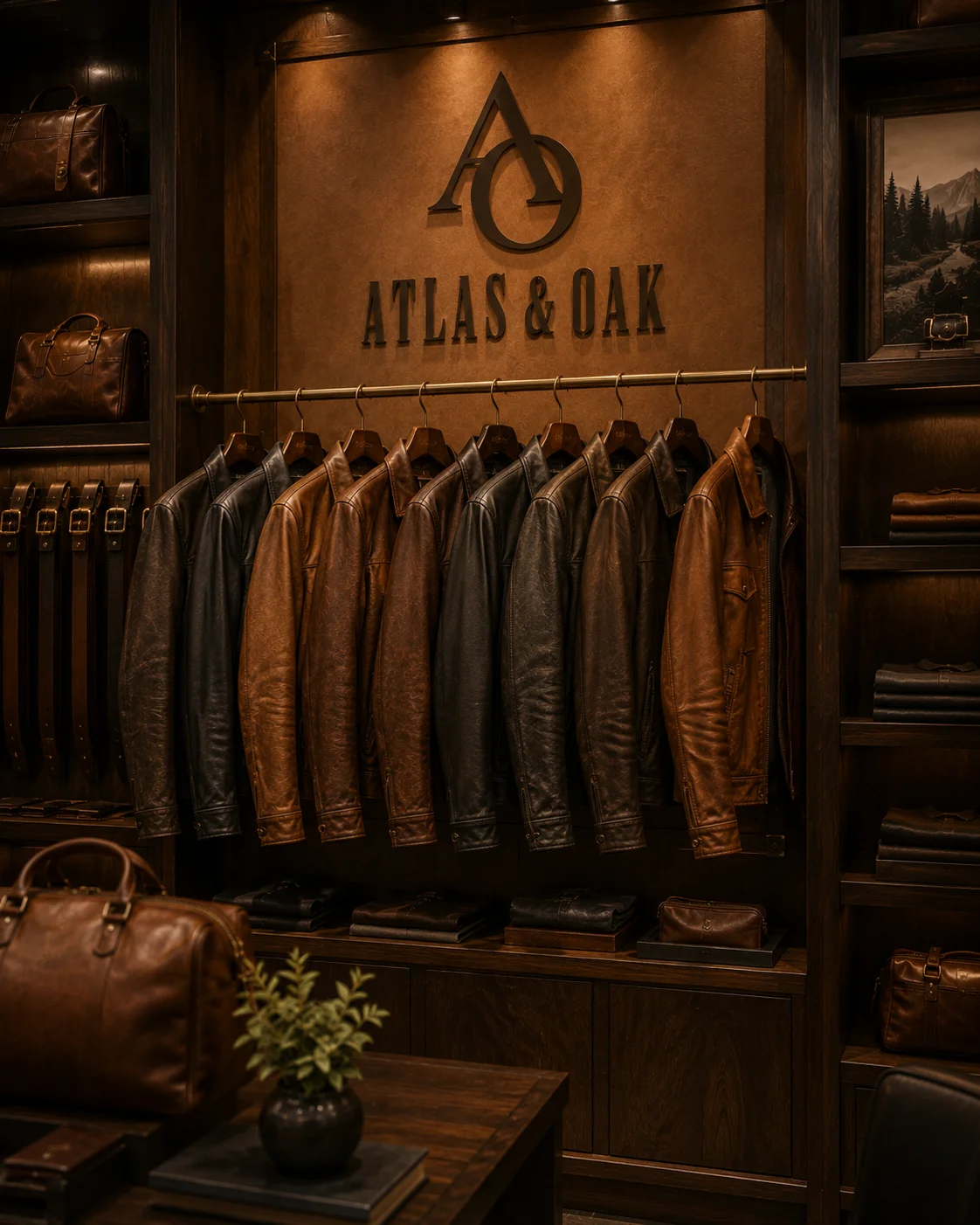 Atlas & Oak Boutique wall mockup generated by Logofai
