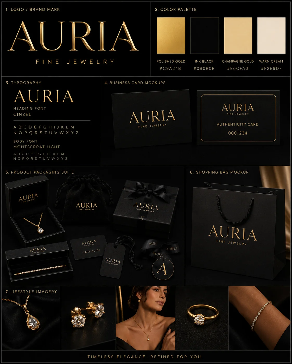 Auria brand kit board generated with Logofai