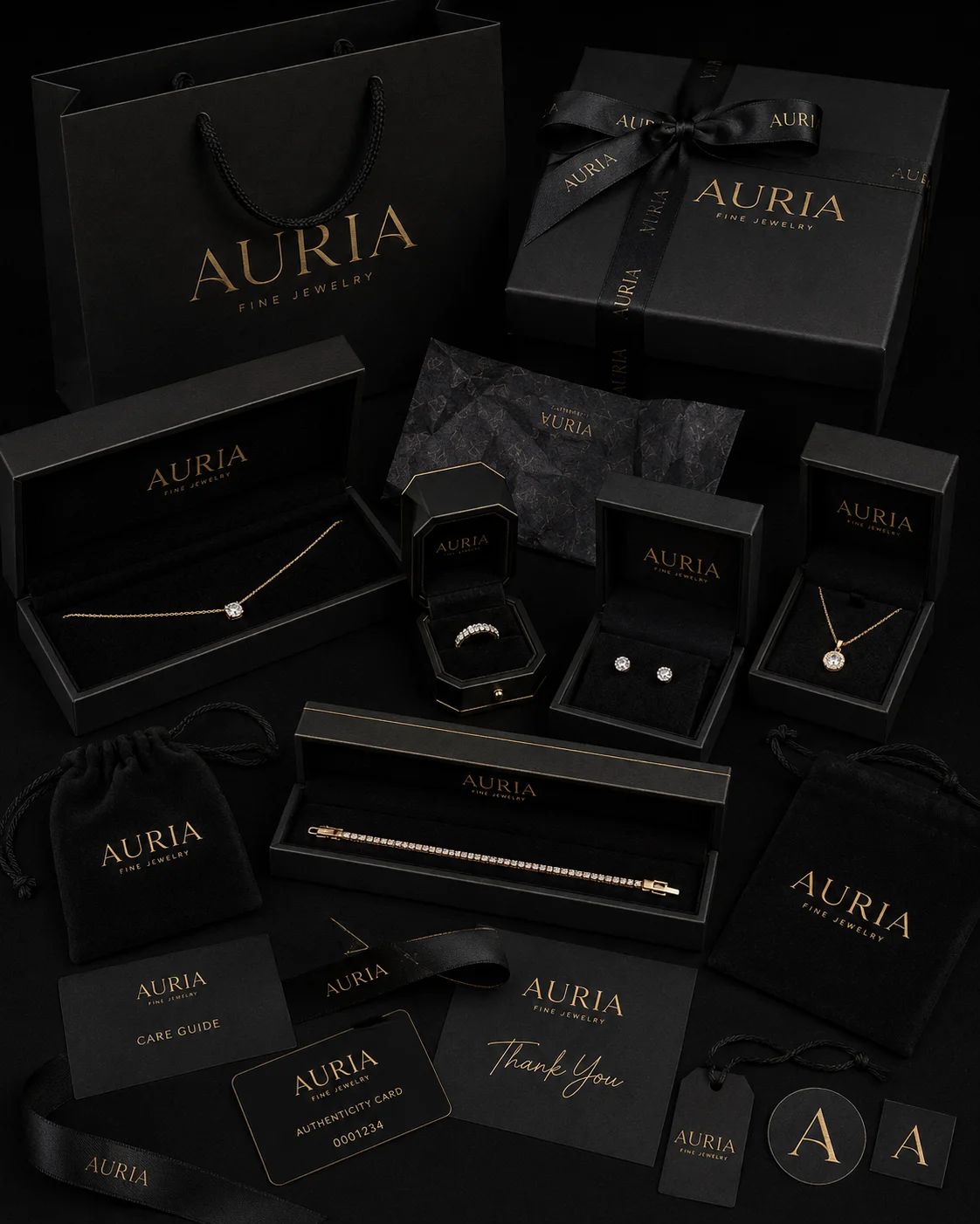 Auria packaging suite mockup generated with Logofai