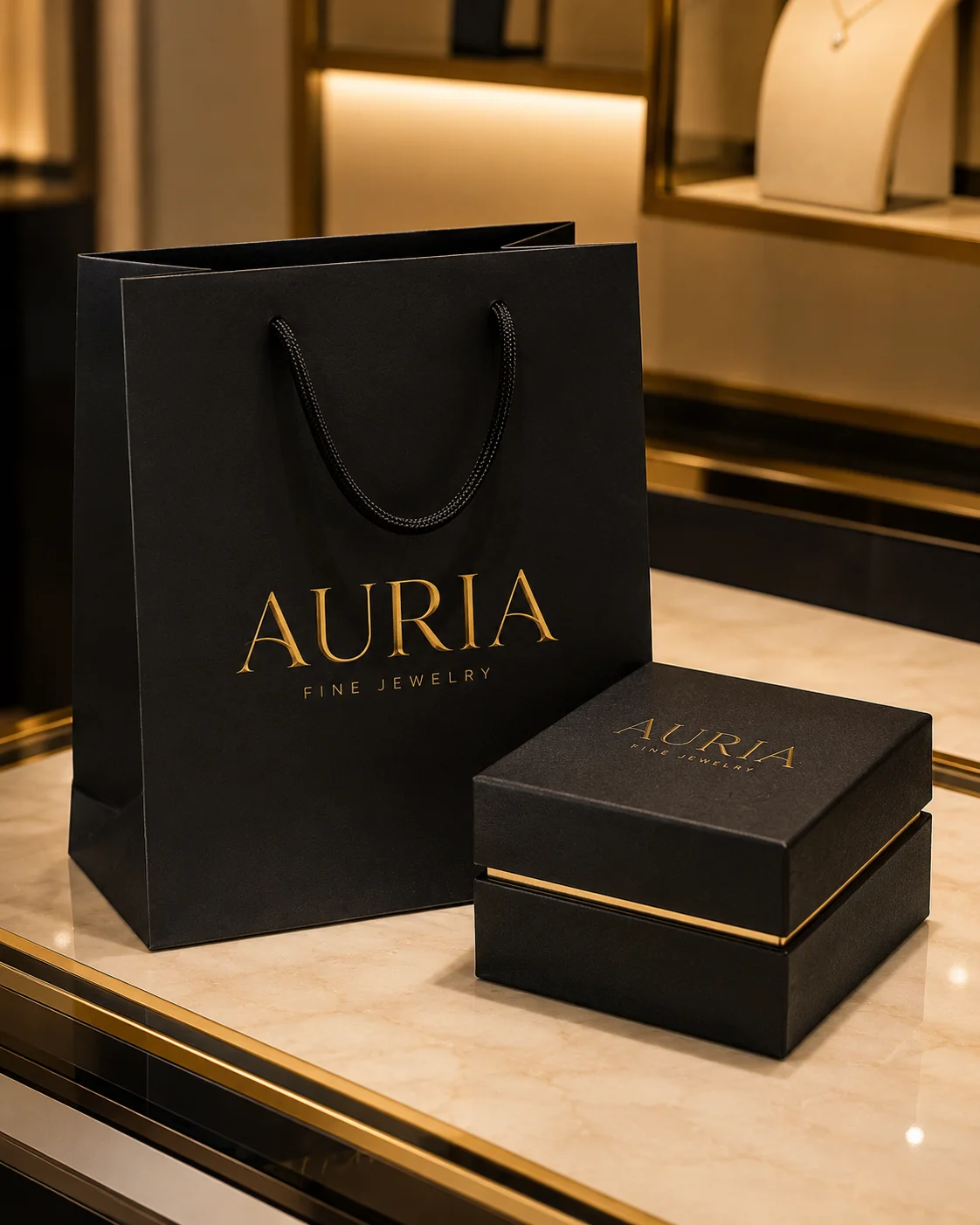 Auria bag and box mockup generated with Logofai