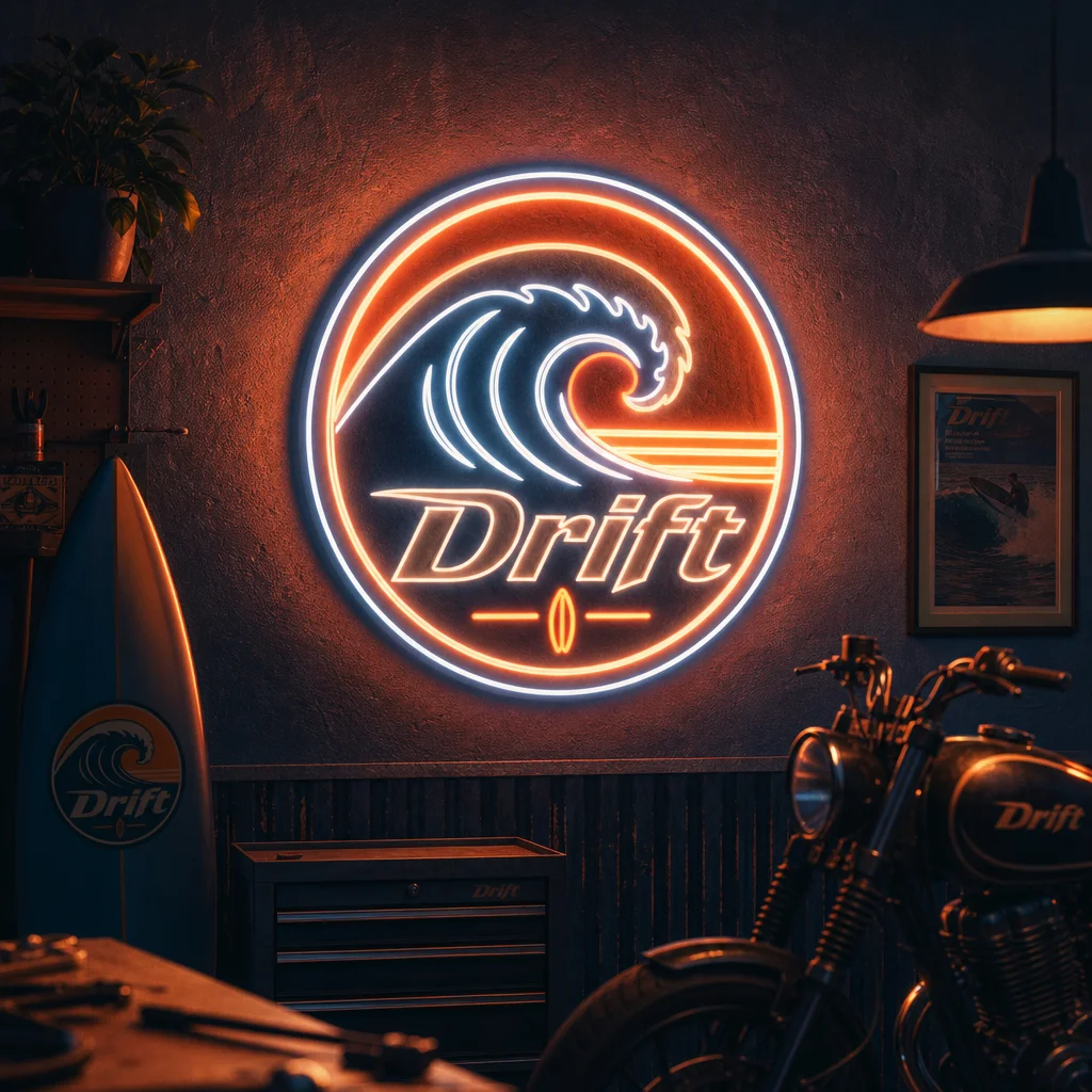Drift neon sign mockup generated with Logofai