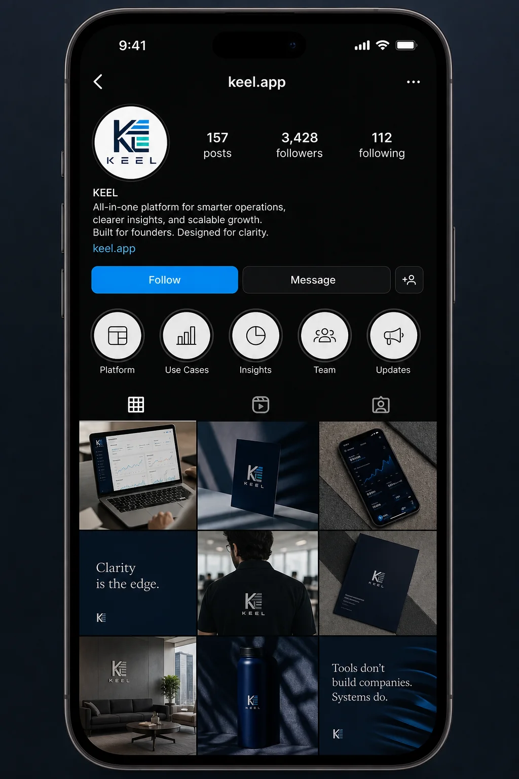 Keel instagram profile mockup generated with Logofai