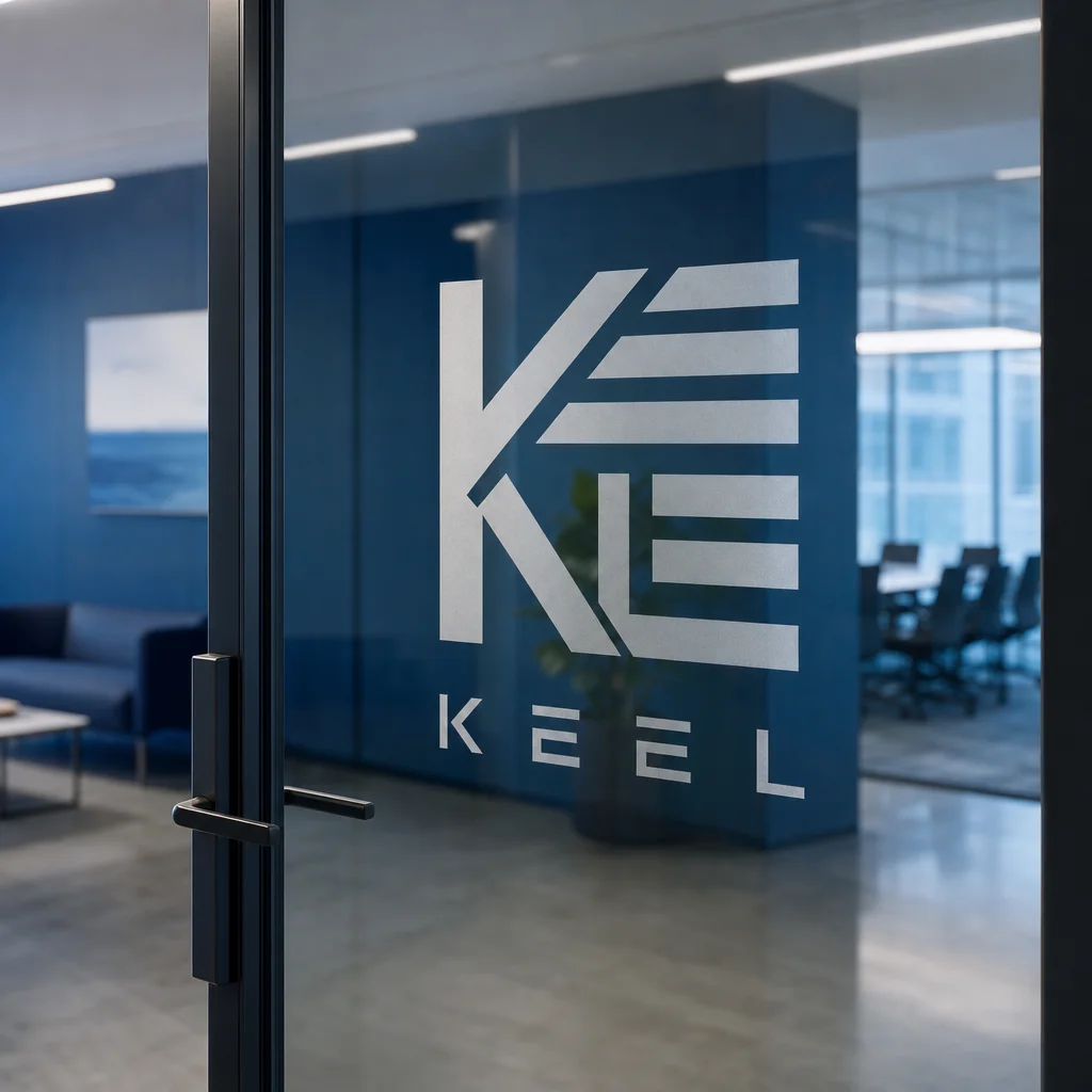Keel office glass door mockup generated with Logofai