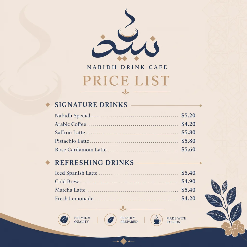 Nabidh Price list mockup generated by Logofai