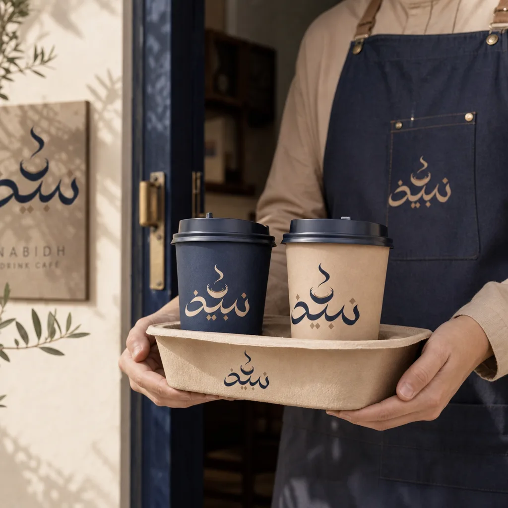 Nabidh Takeaway tray mockup generated by Logofai
