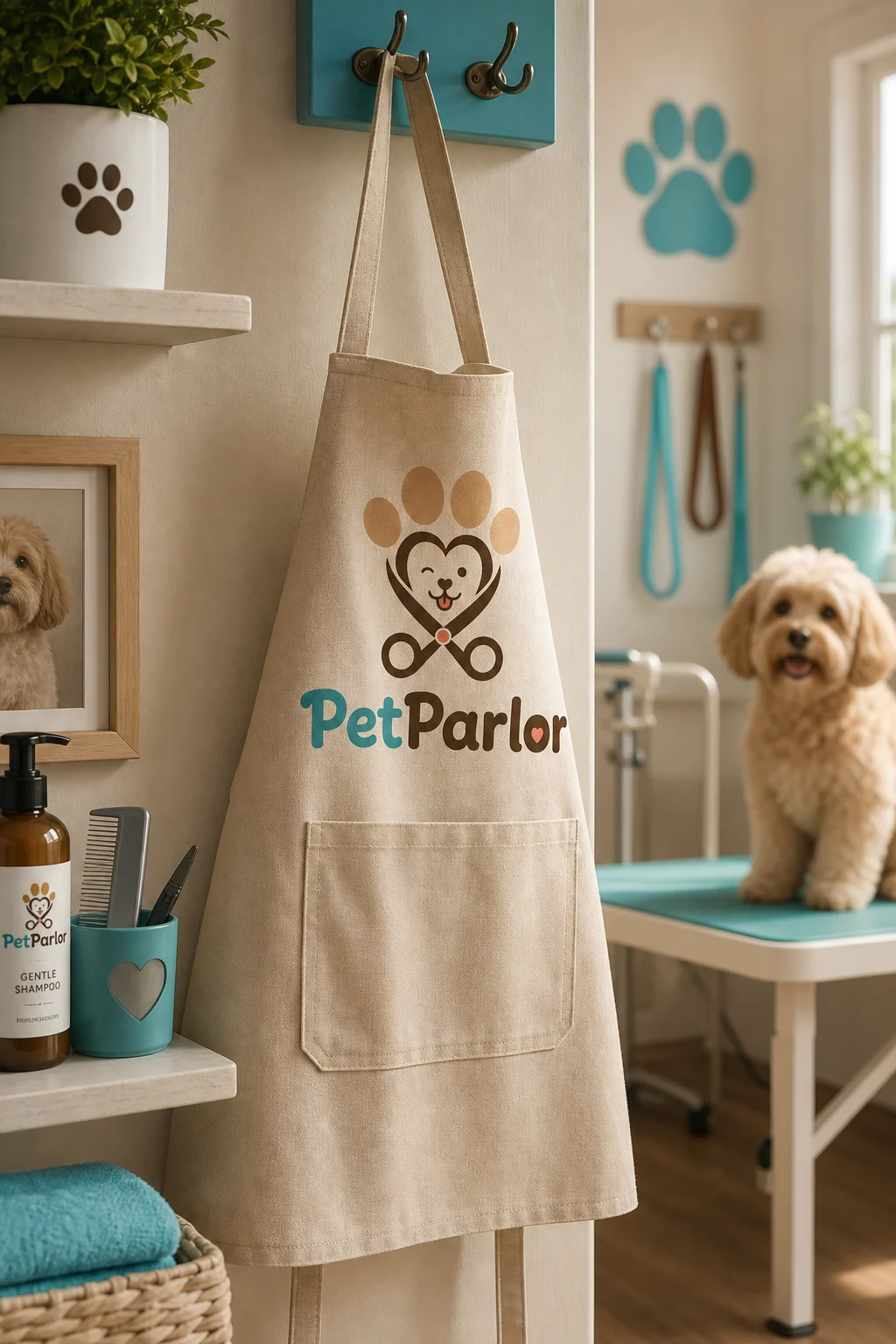 PetParlor grooming apron mockup generated with Logofai