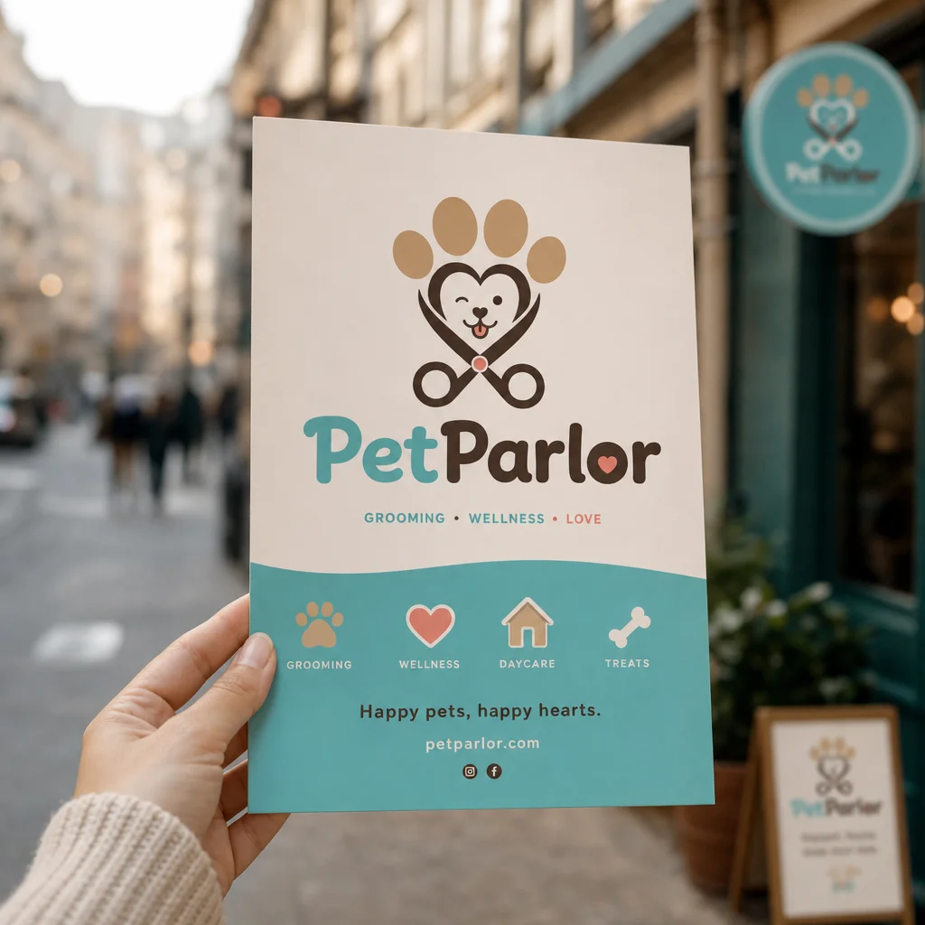 PetParlor flyer in hand mockup generated with Logofai