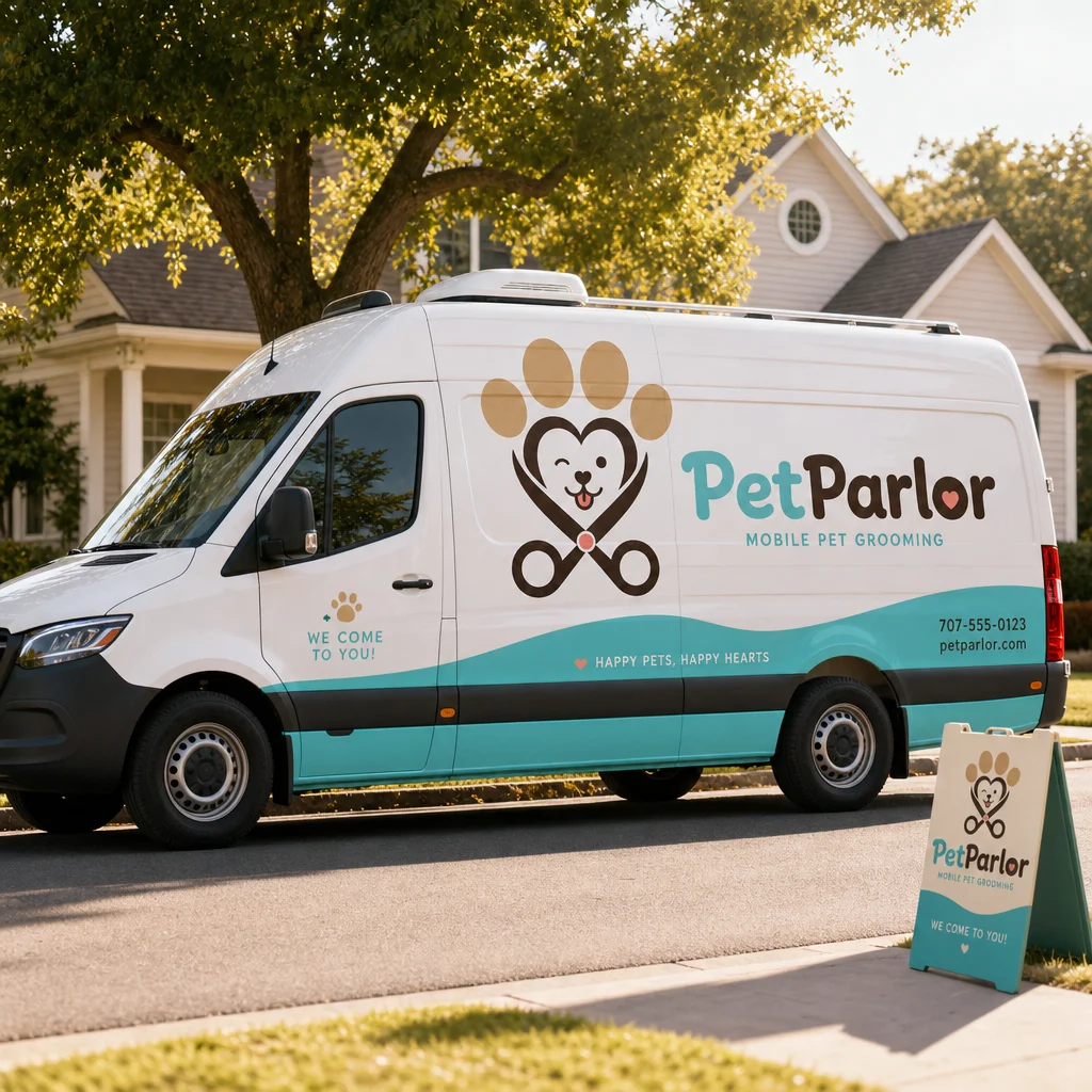 PetParlor mobile grooming van mockup generated with Logofai