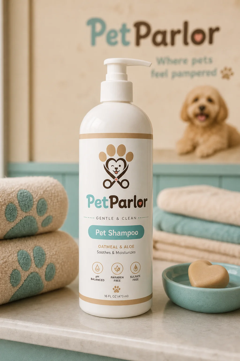 PetParlor pet shampoo bottle mockup generated with Logofai