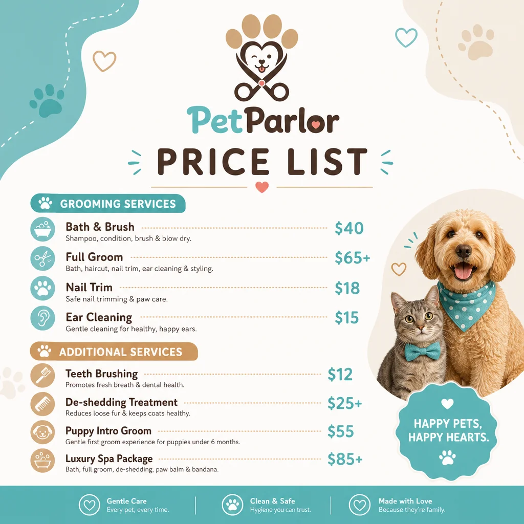 PetParlor price list mockup generated with Logofai