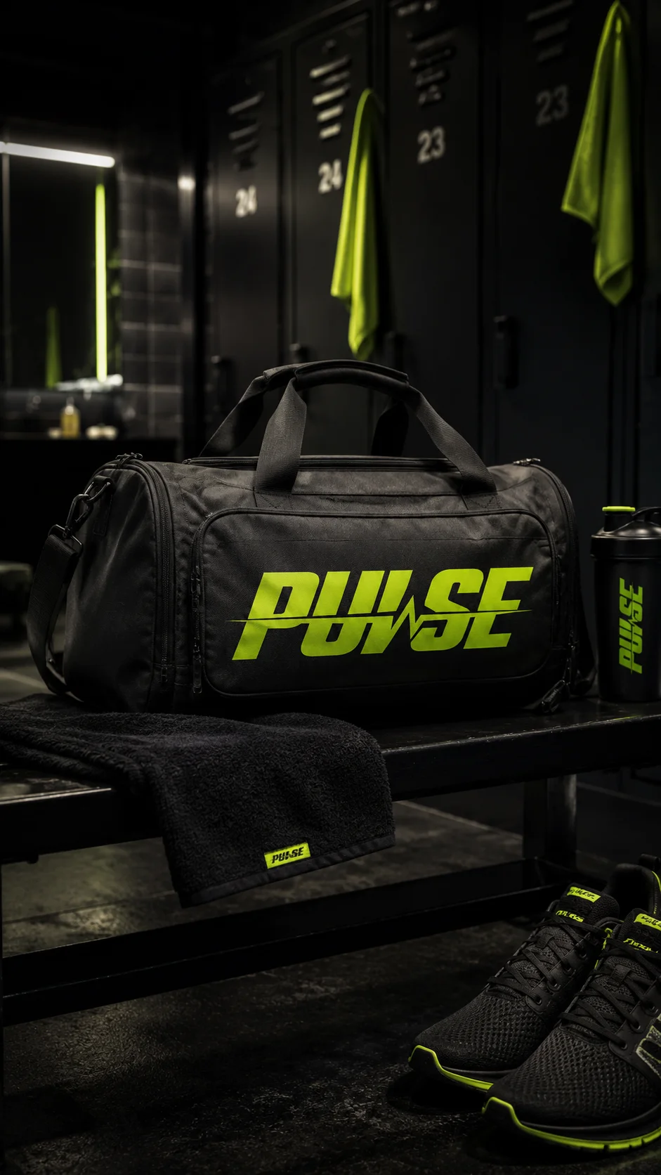 Pulse locker-room duffel mockup generated with Logofai