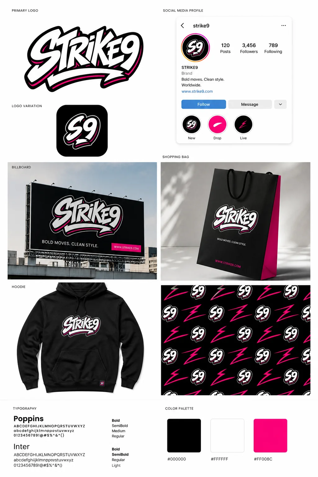 Strike9 brand kit board generated with Logofai