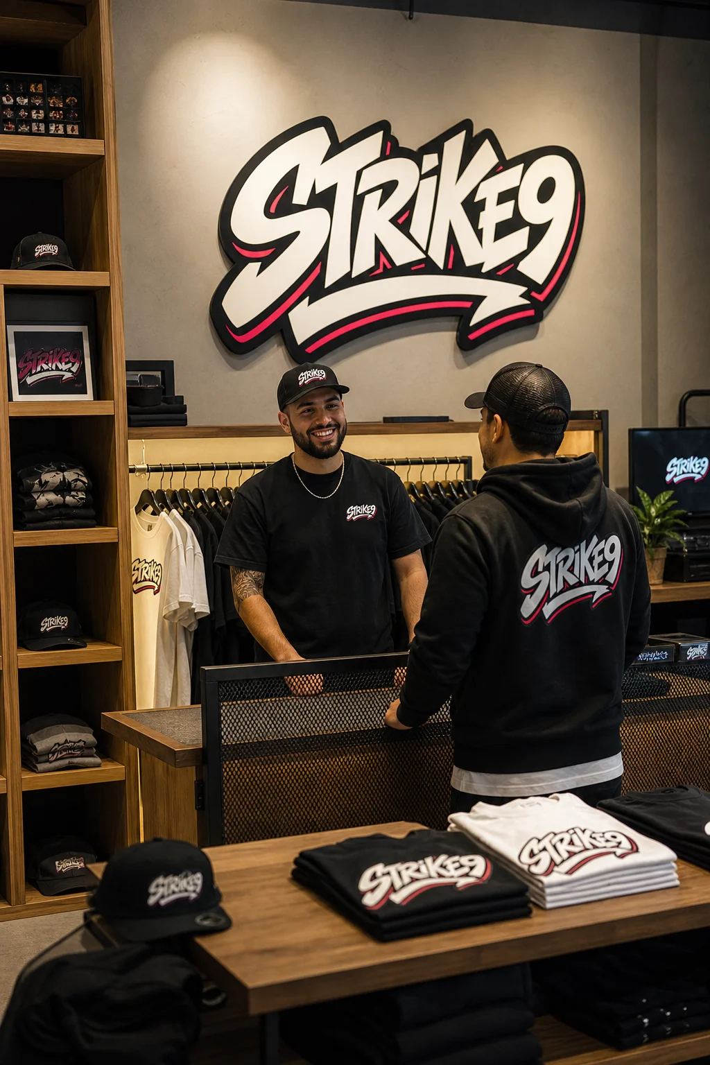 Strike9 in-store counter lifestyle photo generated with Logofai