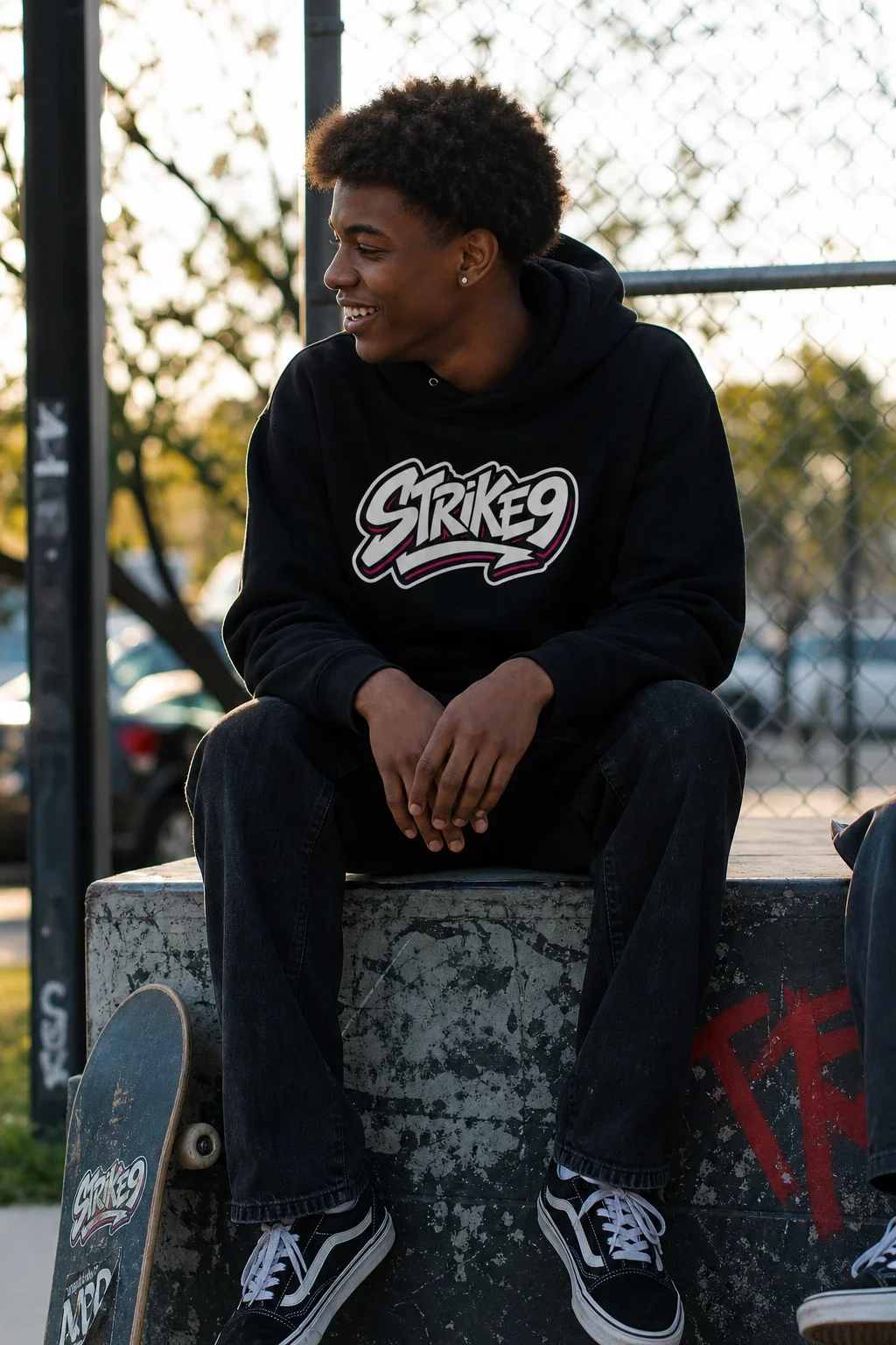Strike9 skatepark hangout lifestyle photo generated with Logofai