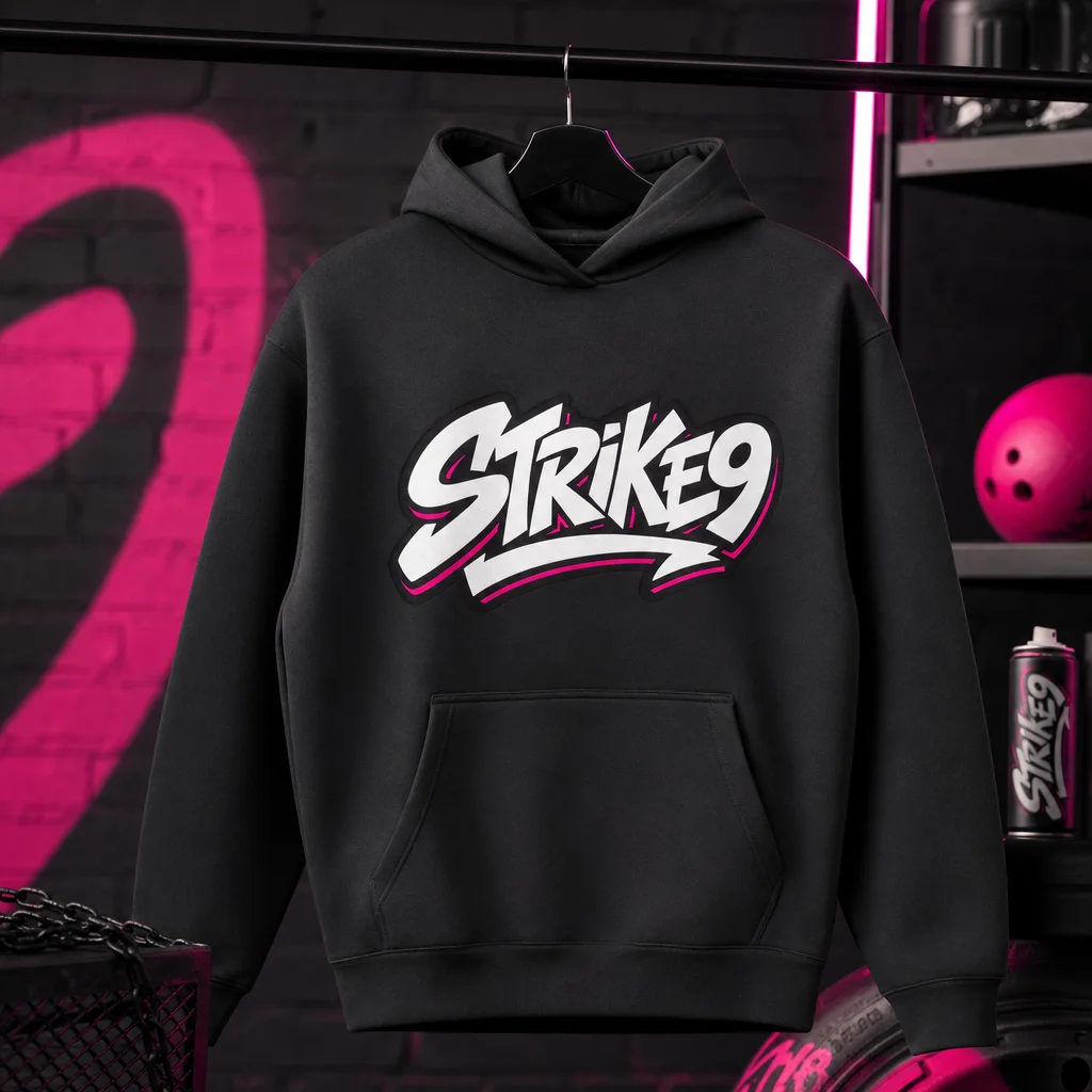 Strike9 hoodie drop mockup generated with Logofai