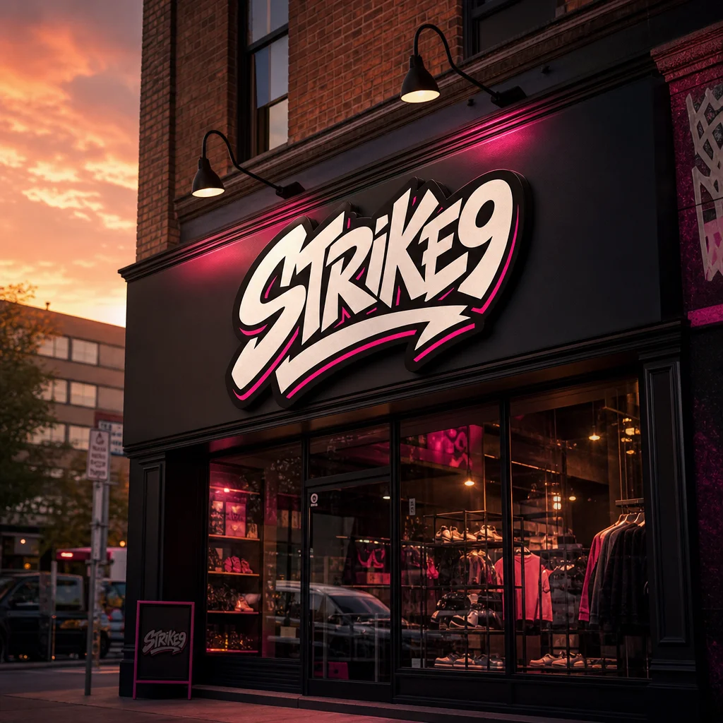 Strike9 storefront at dusk mockup generated with Logofai