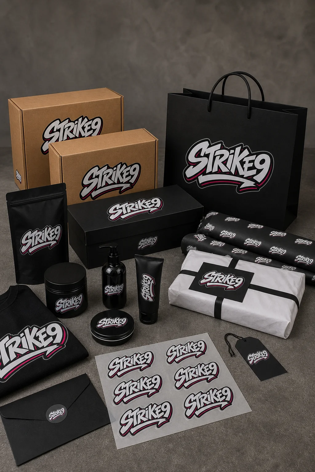 Strike9 packaging suite mockup generated with Logofai