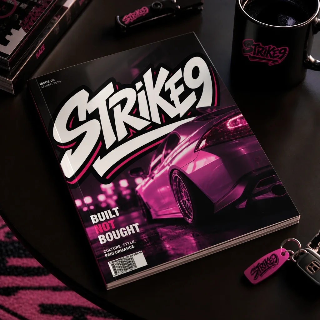 Strike9 culture magazine mockup generated with Logofai