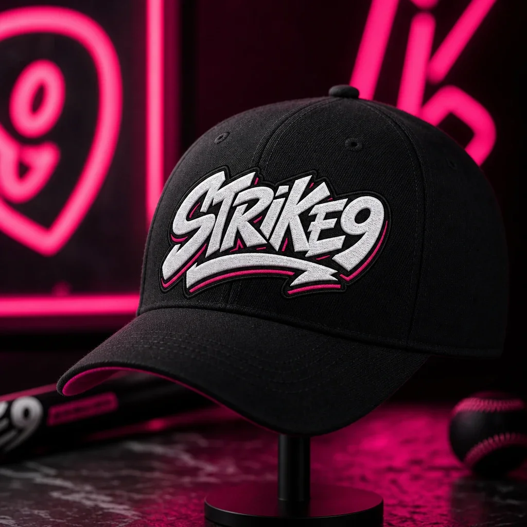 Strike9 embroidered cap mockup generated with Logofai