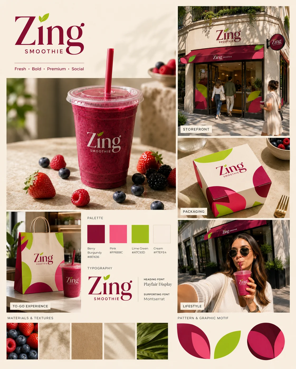 Zing brand kit board generated with Logofai