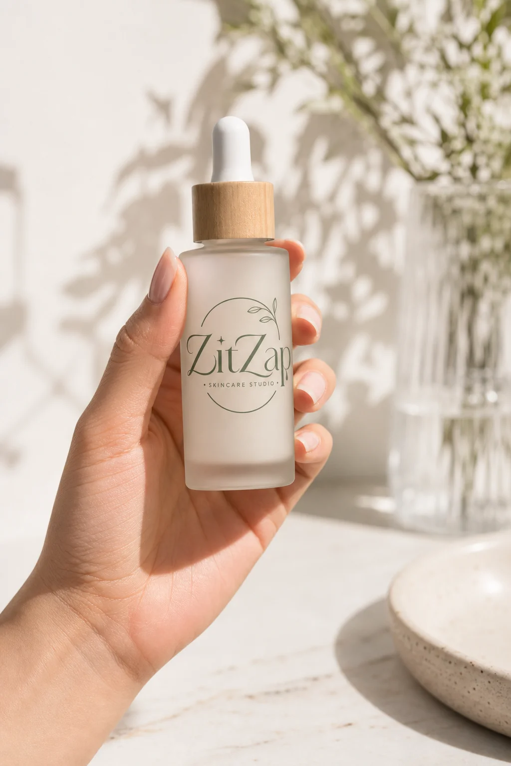 ZitZap Serum in hand mockup generated by Logofai