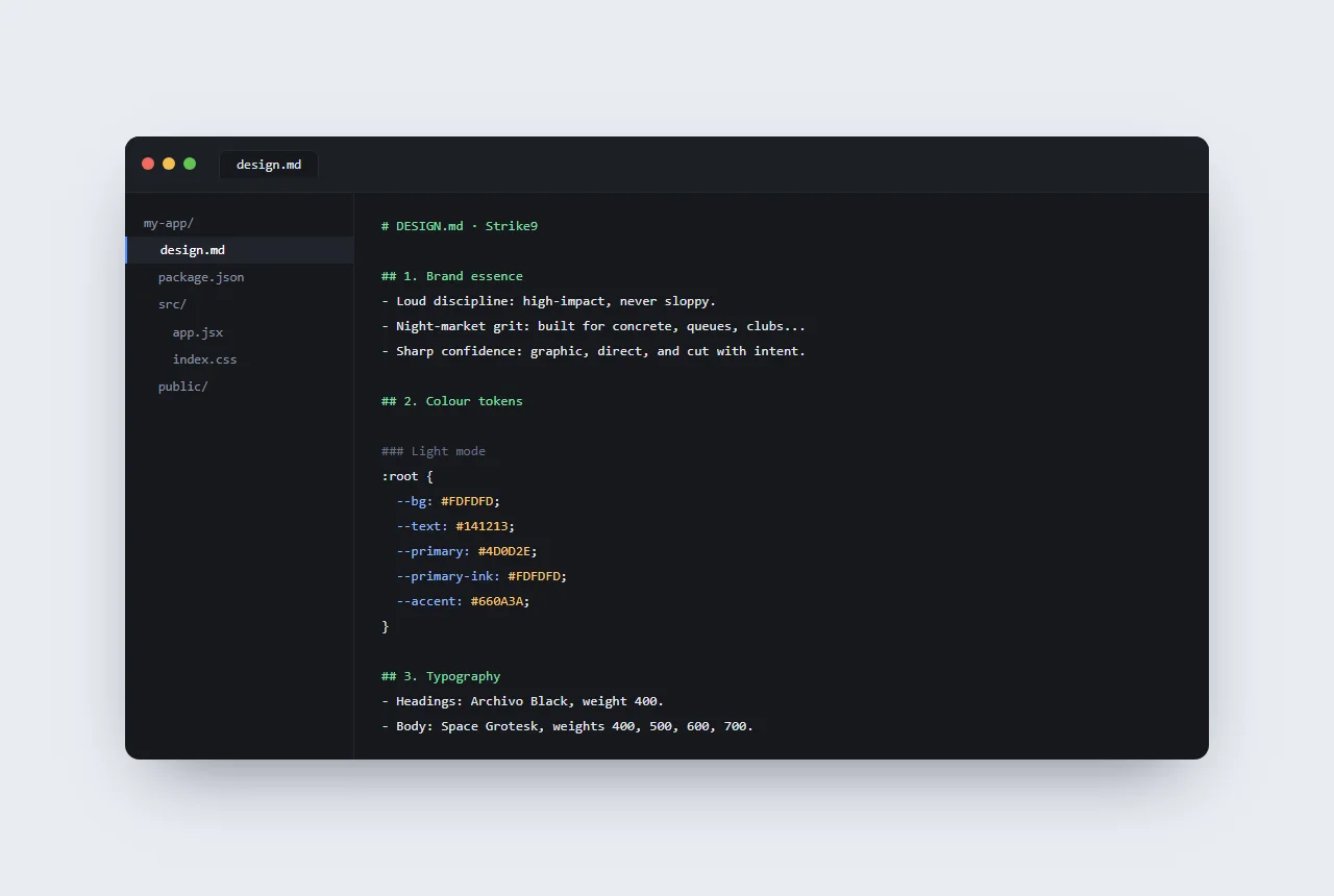 The real Strike9 design.md open in a code editor, sitting in the project root